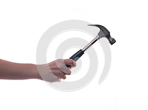 Close up woman using hammer isolated on white