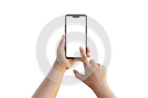 Close-up of a woman using her finger to print on a separate mobile phone screen on a white background.