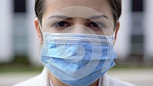 Close Up Woman Wearing Medical Mask, Medicine Concept, Coronavirus Epidemic