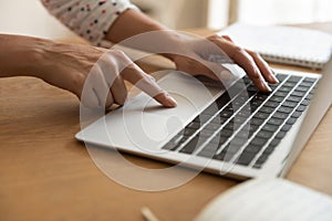 Close up of woman work distant on laptop gadget