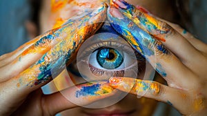 Close-up of a woman's eye framed by paint-covered hands forming a triangle photo