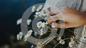 Close-up of a woman& x27;s hand holding a daisy, blurred greenery