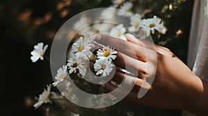 Close-up of a woman& x27;s hand holding a daisy, blurred greenery