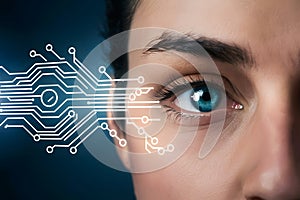 Close up of womans eye with digital circuit, technology concept