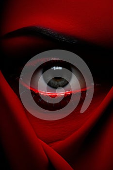 a close up of a womans eye with a red scarf