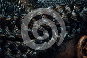 A close-up of a womans hair with beautifully intricate braids styled with precision and care, showcasing a unique and