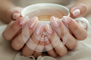 Close-up of womans hands with a stylish manicure holding a cup of tea