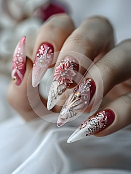 Close up of womans nails with flower design in pink nail polish