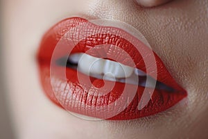 Close-up of womans red lips with white teeth, retro style make-up