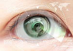 Close up women eye scanning technology in the futuristic, operation, lasik, cataract. photo
