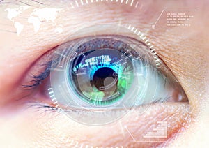 Close up women eye scanning technology in the futuristic, operation, eye cataract.