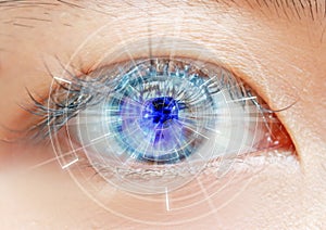 Close up women eye scanning technology in the futuristic, operation, lasik, cataract photo