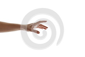 Close up of women hand trying to reach for someone or something isolate on white background. Gesture hand concept.