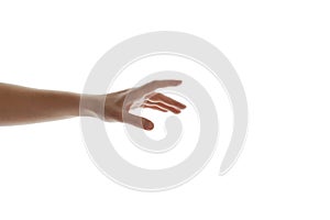 Close up of women hand trying to reach for someone or something isolate on white background. Gesture hand concept. photo