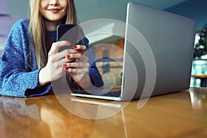 Close up of women`s hands holding cell telephone with blank copy space scree for your advertising text message or