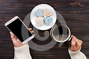 Close up of women's hands holding cell telephone with blank copy space scree for your advertising text message or promotional