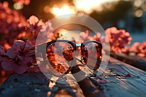 Close-up of women's sunglasses in pink flowers in a field at sunset. Generated by artificial intelligence