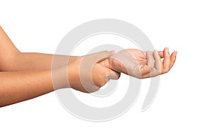 Close up women using hand touching a wrist isolated