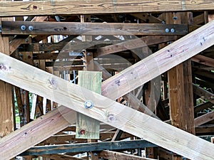 close up of Wood beam framework bolted together