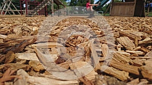 Close up of wood chippings on a playground floor