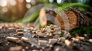 Close-up of wood pellets and timber photo