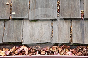 Close up on wood shingle roof with rain gutter clogged with leaves