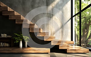 Close up wood winders of modern elegant stairs with black granite base staircase tropical tree in sunlight from window on polished