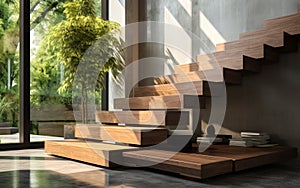 Close up wood winders of modern elegant stairs with black granite base staircase tropical tree in sunlight from window on polished