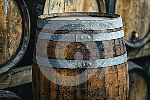 Close-up of a wooden barrel's metal bands and wood grain, highlighting the craftsmanship and material quality