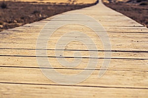 Close-up of wooden beach boardwalk path