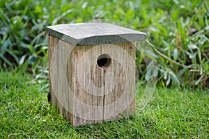 Close-up of a wooden birdbox or bird house