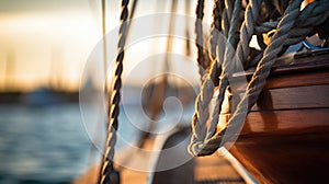 A close up of a wooden boat with ropes, AI