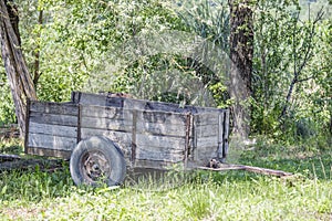 Close-up of wooden cart in forest