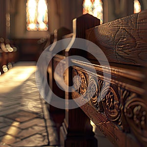 Close-up of a wooden church pew generated by artificial intelligence