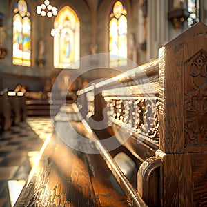 Close-up of a wooden church pew generated by artificial intelligence