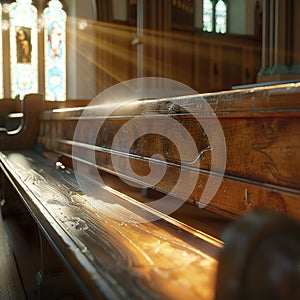 Close-up of a wooden church pew generated by artificial intelligence