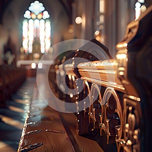 Close-up of a wooden church pew generated by artificial intelligence