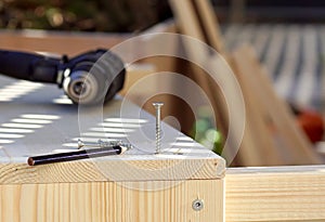 Close up of a wooden construction on a balcony garden