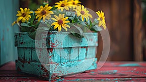A close up of a wooden crate with yellow flowers in it, AI