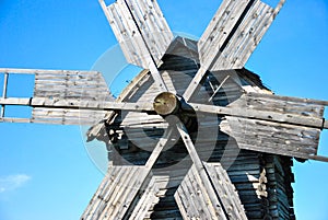 Close-up of wooden details of traditional ukrainian windmill at museum of Ukrainian folk architecture in Pirogovo village, Kiev