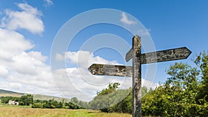 Close-up of wooden direction sign indicating footpaths along the Pennine Way in north Yorkshire