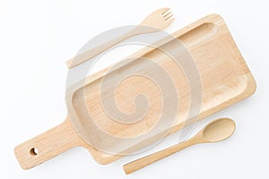 Close up wooden dish ,spoon and fork on white background.