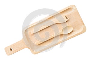 Close up wooden dish ,spoon and fork on white background