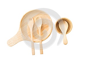 Close up wooden dish ,spoon and fork on white background