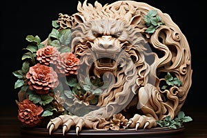 Close-up Wooden Dragon Symbol of Chinese New Year 2024, Crafted with Impeccable Detail