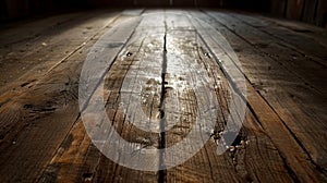 A close up of a wooden floor with the sun shining through, AI