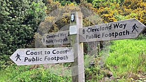 Close up of a Wooden footpath sign on the Coast to Coast and Cleveland Way