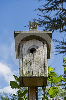 Close up wooden hand made birdhouse in colorful blue sky.