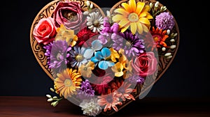 A close-up of a wooden heart-shaped vase filled with a variety of colorful, blooming flowers