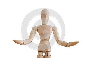 Close-up wooden human figure holding somethings, isolated on white background